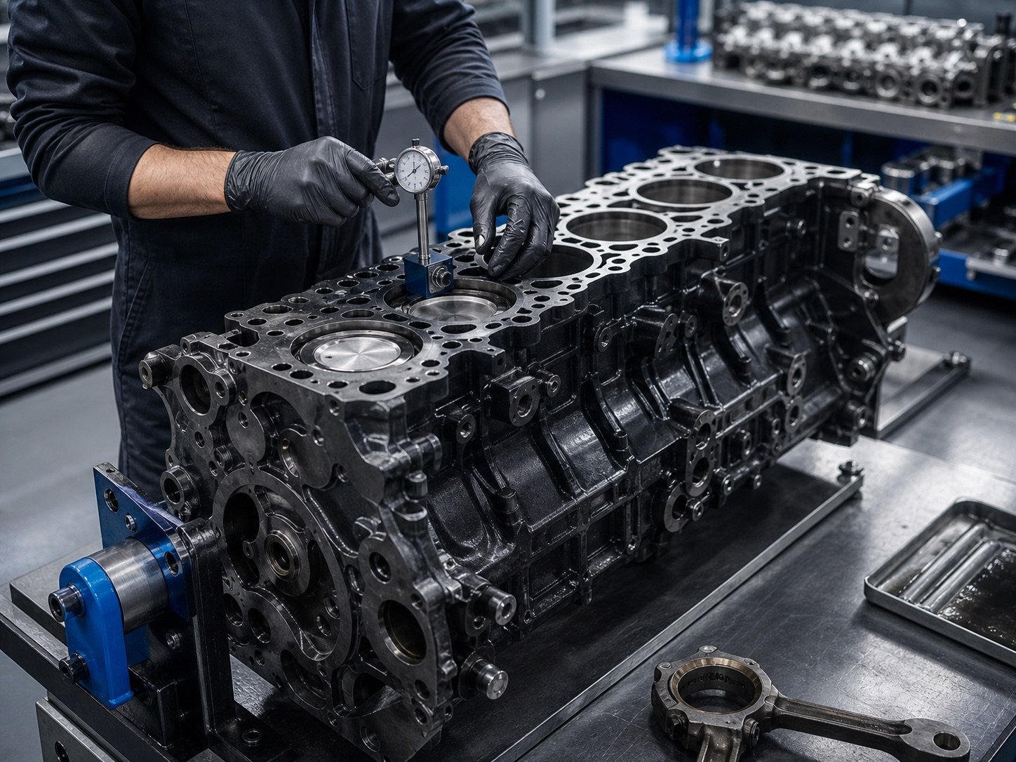 Bloque de motor diesel de camion en banco de ajuste