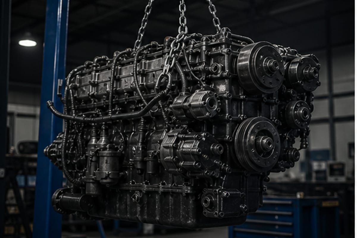 Motor diesel suspendido en taller industrial premium